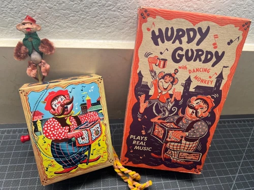 Vintage 1950s MATTEL HURDY GURDY Tin Musical Toy DANCING MONKEY ORIGINAL BOX NOS