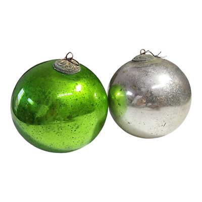 2 Pcs Original Vintage Green & Silver Glass Christmas Kugel / Ornament Germany