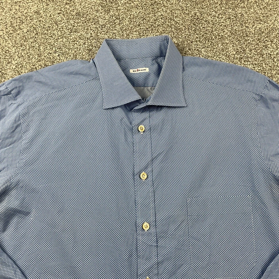Kiton Shirt Men XXL Blue Polka Dot Button Up Cotton Career Casual Made In Italy - Image 2 of 4