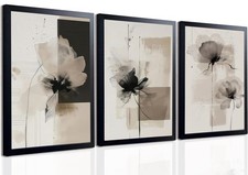 Neutral Abstract Floral Wall Art Black Framed Modern Large Minimalist Canvas ...