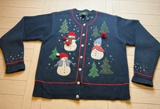 Orvis Ladies Christmas Cardigan. Vintage. Navy W/ Snowmen. Ramie Cotton Blend. M