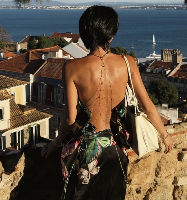 Leo Lin Papillon Silk Halter Gold Chain Top OS Backless Luxury Resort Festival