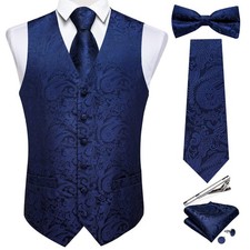 Men's Blue Paisley Vest and Necktie Set 6PCS Pre-tied Bow Tie Silk Formal Wai...