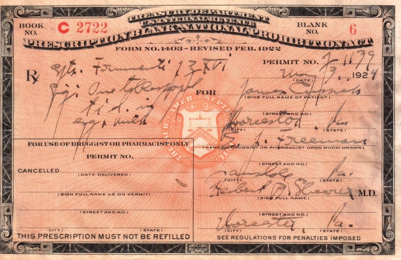 1924 Prohibition Whisky Egg Milk Prescription Doctor Pharmacy Bar Worcester PA