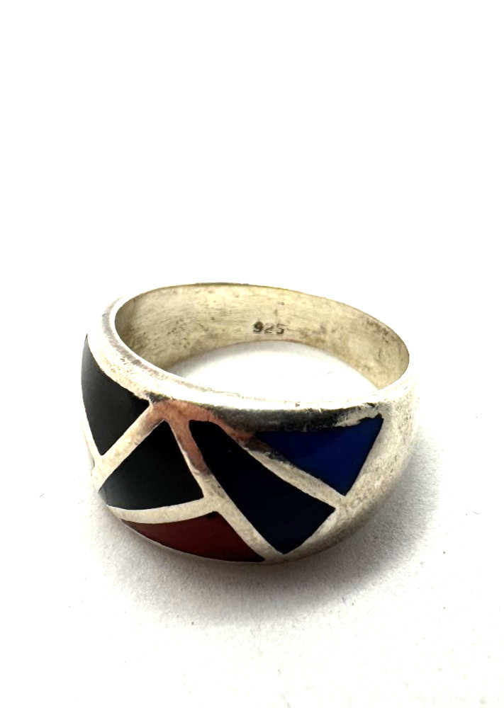 925 Antique Silver Ring Solid Pattern Multicolor … - image 5
