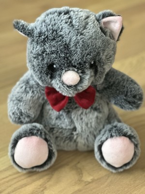 Soft Grey Cat With Red Bow Tie Stuffed Animal With Squeak Box In Tummy