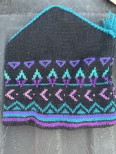 Vintage Smiley Wool Ski Beanie Winter Knit Hat Striped Nordic USA Made Purple