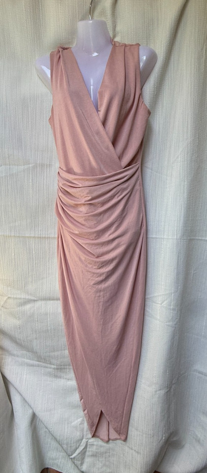HQ Pink Stretchy Sleeveless Midi Dress M V-Neck Ruched Wrap Bodycon