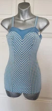 Vintage 50s Blue White Check Swim Suit Bathing Suit Kerrybrooke Sears 34