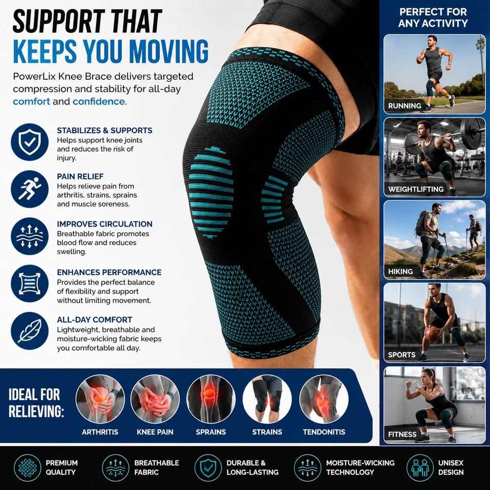 Knee Compression Sleeve Brace Support Men Women Running Gym Sports Pain Relief - Image 3 of 4