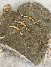 14K Yellow GOLD ANKLET 3 Dolphins Greek Solid 9.5&rdquo; - 10.5&rdquo; Adjustable PreOwned