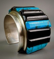 Vintage OLD PAWN Navajo Sterling Silver Turquoise Inlay Cornrow Cuff Bracelet