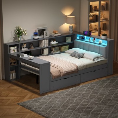Full Size Bed W/ Storage Shelves Bookcase Drawers Charging Station LED Desk Gray
