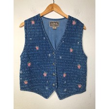 VTG Tantrum Blues Denim Smocked Vest Floral Embroidered Button Front Medium