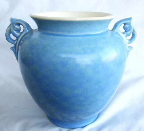 Vintage 1948 Weller Pottery 6” Tall Light Blue Mottled Scroll Double Handle Vase