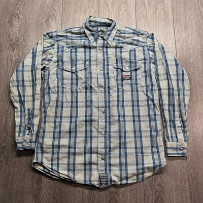 Vintage Buffalo David Bitton Mens Medium Blue Plaid Western Snap Button Up Shirt