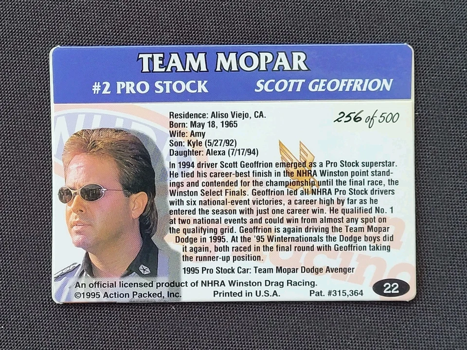 1995 Action Packed NHRA Scott Geoffrion Signed Racing Card, 256/500 - Image 2 of 2