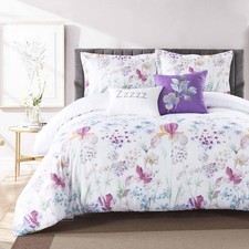 King Duvet Cover Set, White Red Blue Floral  Green Leaf Print Pattern 3 Piec...