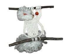 Vintage 1970's Boho Macrame Jute Bead Owl Wall Hanging Decor Folk Art Wood Perch