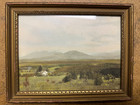 Vintage Framed 7"x9" landscape painting of mountains and farm - unknown