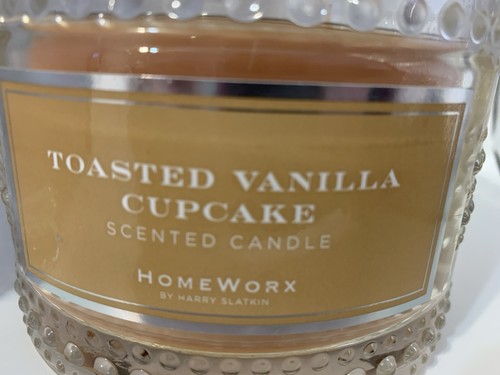 Rare HomeWorx Slatkin Candle TOASTED VANILLA CUPCAKE 4 wick Hobnail Glass NEW - Picture 10 of 20