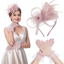 Fascinators Hat for Women Cocktail Wedding 20s Tea Party Headwear Gloves Pink