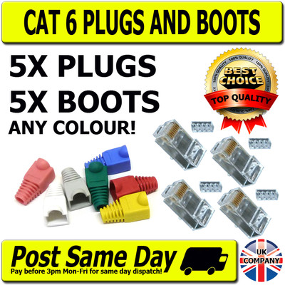 5 Cat 6 RJ45 Stecker & Stiefel für Netzwerk / Patchkabel, Crimpverbinder LAN 