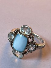 925 Marked Silver w Blue Mother of Pearl Rectangle Rimmed in Oval Topaz Ring