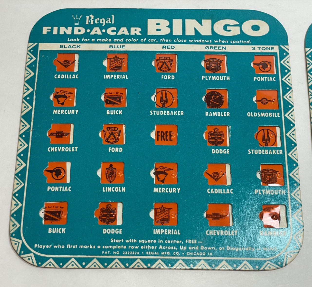 Vintage Regal Find-A-Car Auto Bingo Card Travel Game – 2 Cards