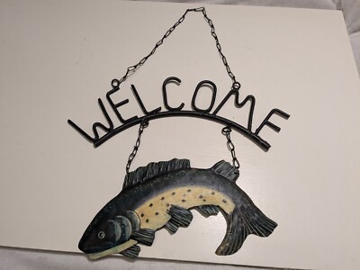 Willkommensschild Fisch Blech Wandbehang Plakette Metallkette Fischerhütte Lodge