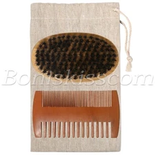 Men Army Boar Hair Bristle Beard Mustache Round Brush Double-sided Wood Comb Set