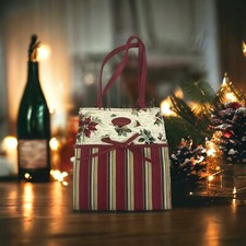 Longaberger Holiday Christmas Striped Pine Cones Poinsettia Fabric Tote Lunch
