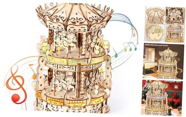 3D Wooden Puzzles for Adults LED Carousel - DIY Crafts Model Music Box