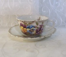 Antique Gilded Bone China Tea Cup And Saucer Decorated With Pansies A/F