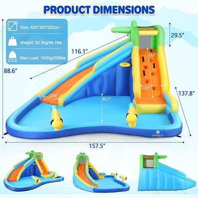 Inflatable Kids Water Slide Bounce House w/Blower, Water Gun&Splash Pool Wet/Dry