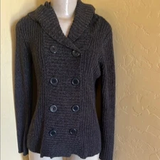 Charcoal Gray Double-Breasted Cardigan with Shawl Collar and Hoodie