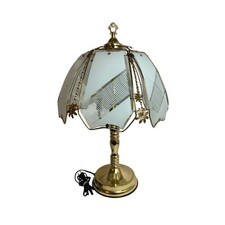 Vintage Brass Touch 3 Way Lamp Frosted Etched Glass Panel Shade Floral Gold 90s