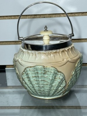 vintage Royal Worcester biscuit jar cream ceramic with sea green shell designs