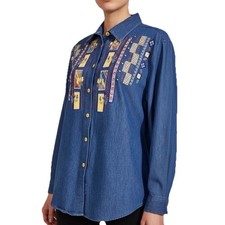 Koret City Blues Denim Shirt Women Large Blue Embroidered Button Down Cotton