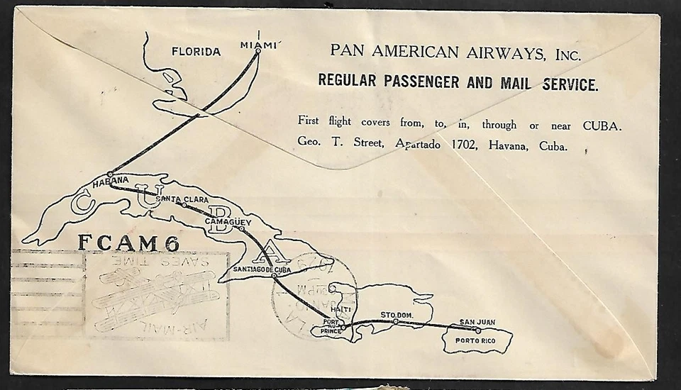 HAITI TO FLORIDA US AIR MAIL FIRST FAM 6 FLIGHT TO PUERTO RICO COVER 1929 - Image 2 of 2