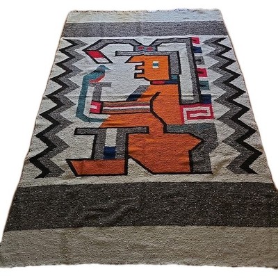 Vintage Traditional Handmade Mayan Hero Tecun Uman Wool Rug Handloomed 63 X 86