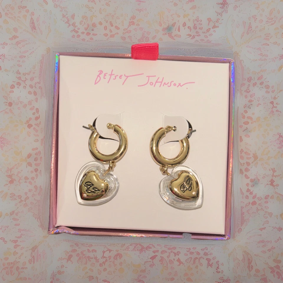 Betsey Johnson Gold Tone Acrylic Heart Huggie Hoop Earrings Blue Crystal NIB. Z5 - Image 3 of 4