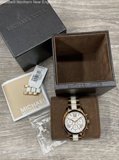 Michael Kors MK-5907 Gold Tone White Band Chronograph Dial Women's Watch IOB