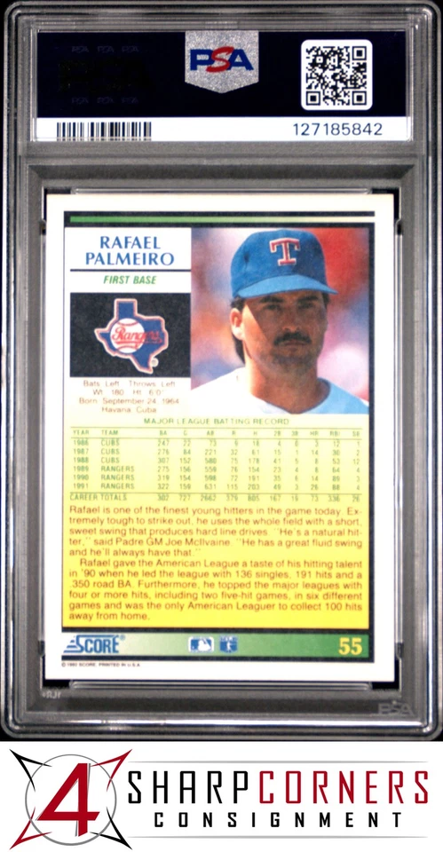 1992 SCORE #55 RAFAEL PALMEIRO RANGERS POP 3 PSA 10 - Image 2 of 3