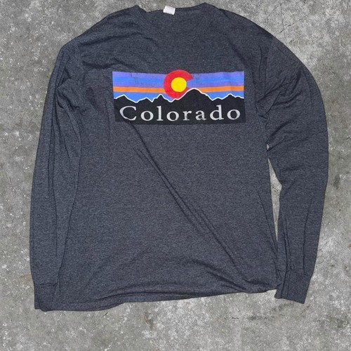 Fruit of the Loom Mens Medium Gray Black T Shirt Colorado Graphic long Sleeve T