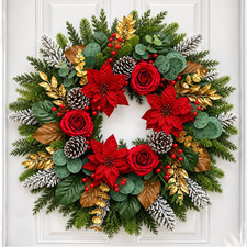 28 Inch Christmas Wreath for Front Door, Red Poinsettia Rose Holiday Wreath