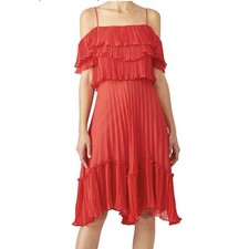 NWT Halston Women’s Sz XS Red Cold Shoulder Pleated Ruffle Dress