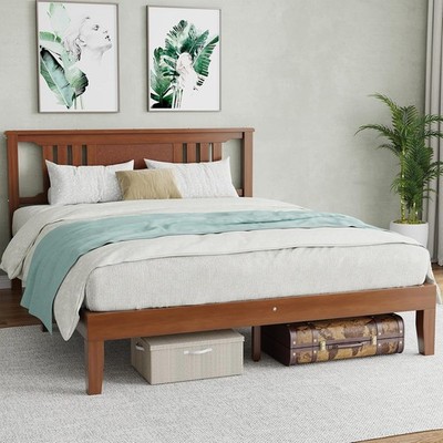 Solid Wood Bed Frame w/ Headboard,Heavy Duty Platform Bed Frame,Pine Wood,Queen