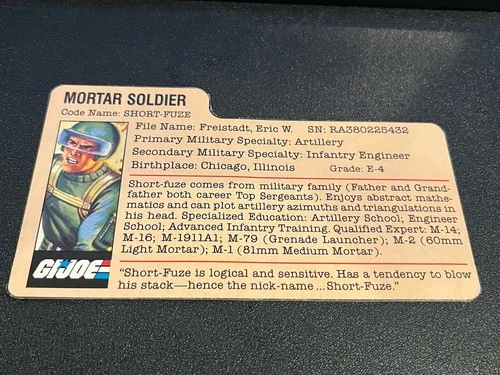 gi joe lot File Card 1982 Short Fuze Great Condition Clean Card