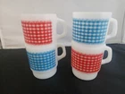 4 Vintage FIRE KING Gingham Plaid Mugs Cups 2-RED 2-BLUE Milk Glass